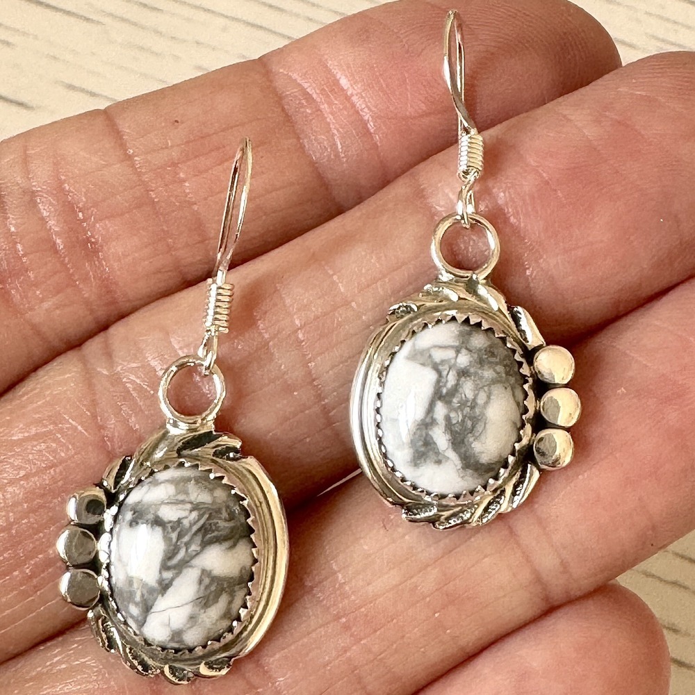 Navajo White Buffalo Earrings 1.25" Sterling 925 Oval Dangle Turquoise USA Hook